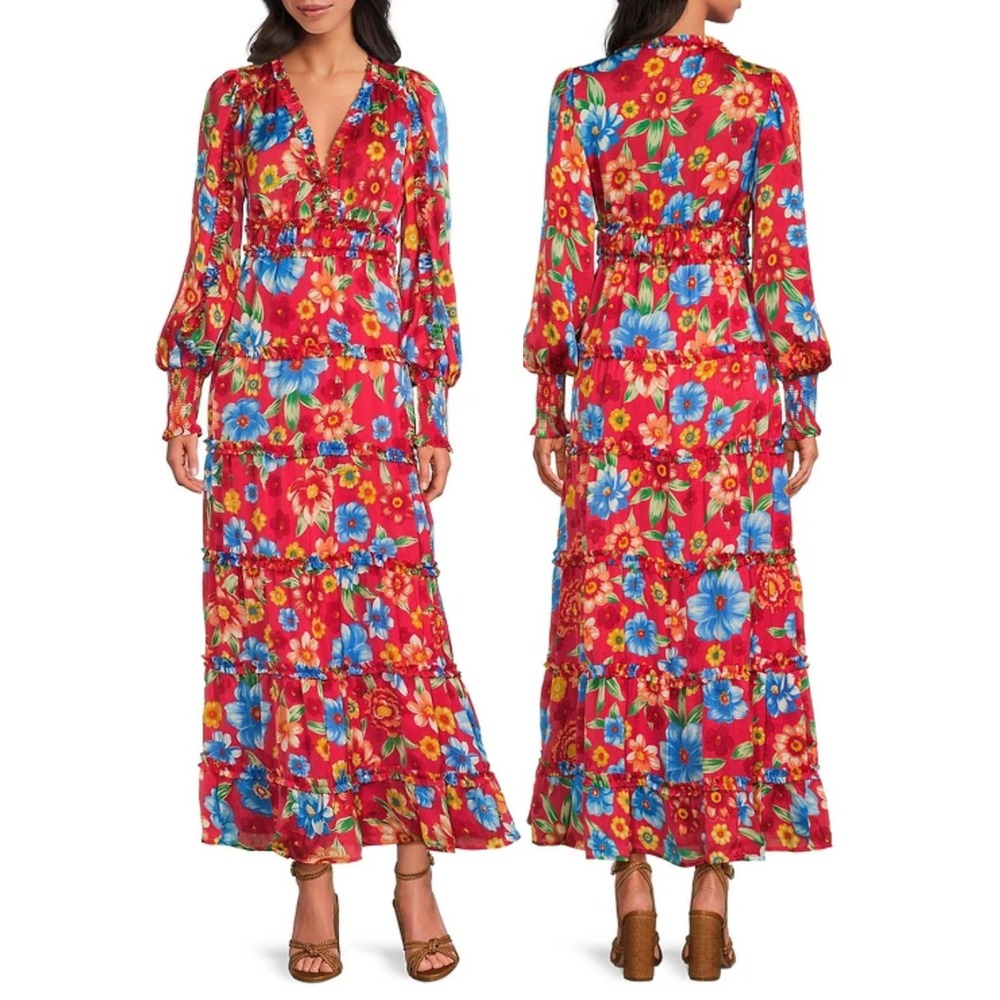 Chelsea & Violet NWT Margaux Plisse Maxi Dress Women S Red Floral Tiered Ruffle